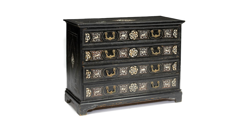 An Italian Baroque ivory inlaid and ebonized chest of drawers  last quarter 17th century