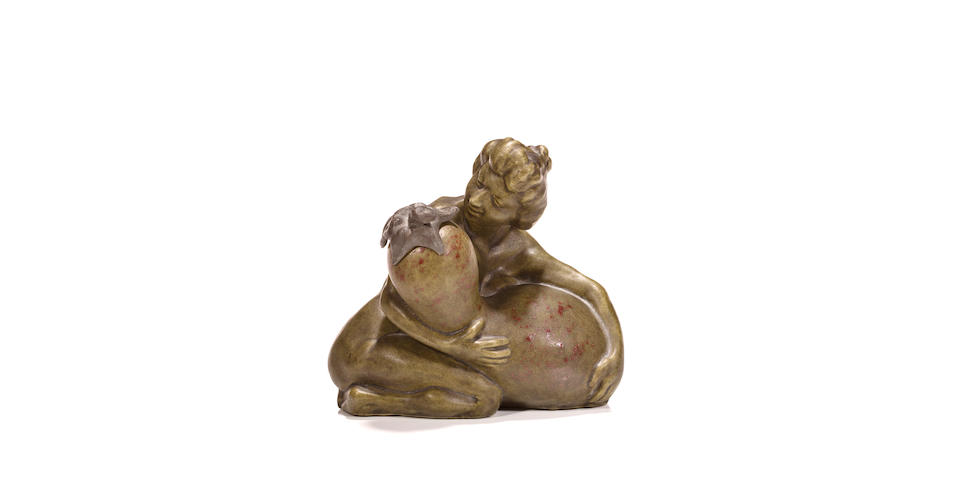 A rare Rupert Carabin glazed earthenware and pewter figural inkwell Femme  A  La Coloquinte, circa 1900