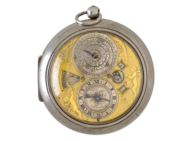 Henricus Harpur / Londini. A rare pre balance spring English silver pair case Astronomical verge watch with year calendar indicating date, month, sign of the Zodiac and time of sunrise with further indications for day of the week, and the age and aspect of the moon with the corresponding time of moonrise.circa 1670