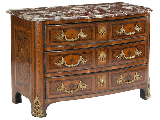A Regence style gilt metal mounted rosewood parquetry commode  commode second half 20th century, marble top possibly 18th century