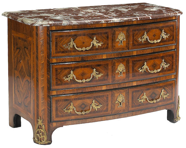 A Regence style gilt metal mounted rosewood parquetry commode  commode second half 20th century, marble top possibly 18th century