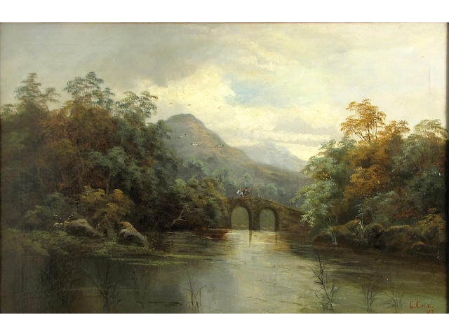 English School A river scene with figures on a bridge; A river scene with two figures in a punt (a pair) 16 x 24 1/4in