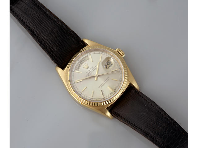 Rolex. An 18k gold Day-Date wristwatch