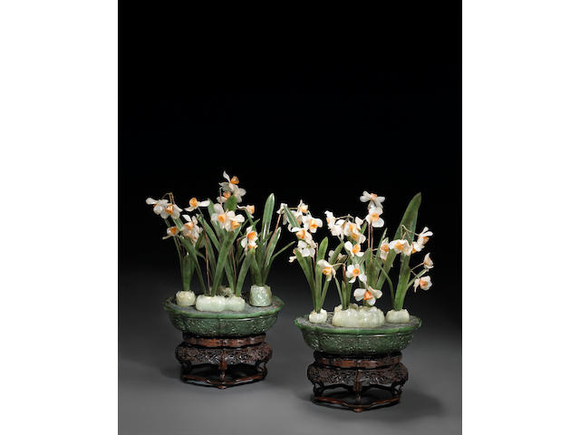 A pair of jade and hardstone flowering narcissus planters
