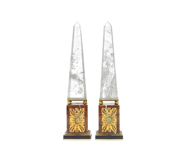 A pair of Neoclassical style gilt bronze mounted rock crystal, rouge and black marble obelisks <br>fourth quarter 20th century