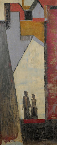 Jimoh Akolo (Nigerian, born 1934) Couple with buildings 59 13/16 x 24in (152 x 61cm)
