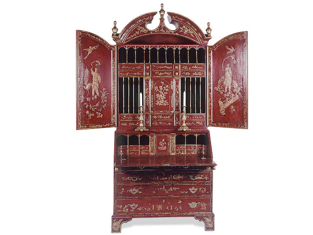 A George I style lacquered bureau bookcase