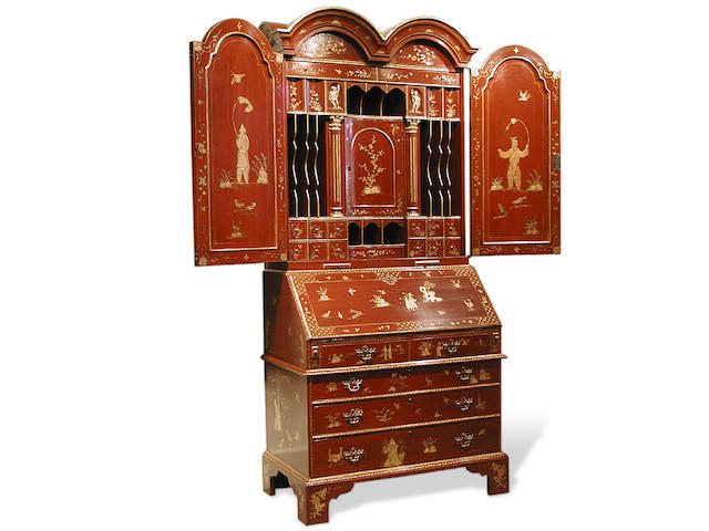 A George I style lacquered and parcel gilt bureau bookcase