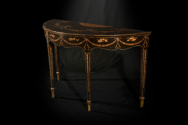 A George III style lacquered and paint decorated demi-lune table