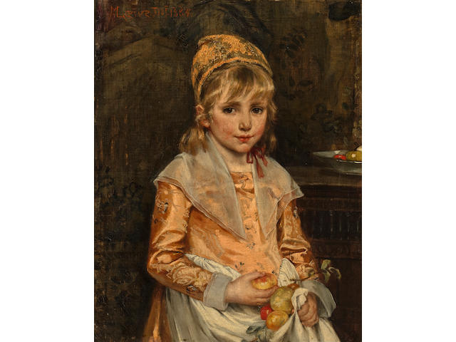 Margarethe Loewe-Bethe (German, born 1859) A girl with apples 15 1/2 x 12 1/4in