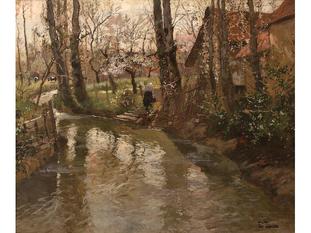 Frits Thaulow (Norwegian, 1847-1906) A stream through a village 23 7/8 x 29in (60.4 x 73.6cm)