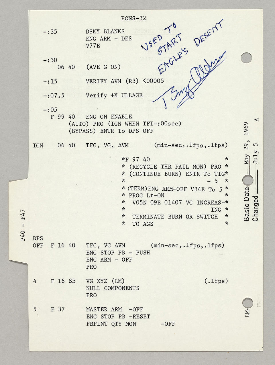 FLOWN APOLLO 11 LM G & N DICTIONARY SHEET&#8212;THE STEPS ENABLING THE START OF EAGLE'S ENGINE TO BEGIN THE LANDING.
