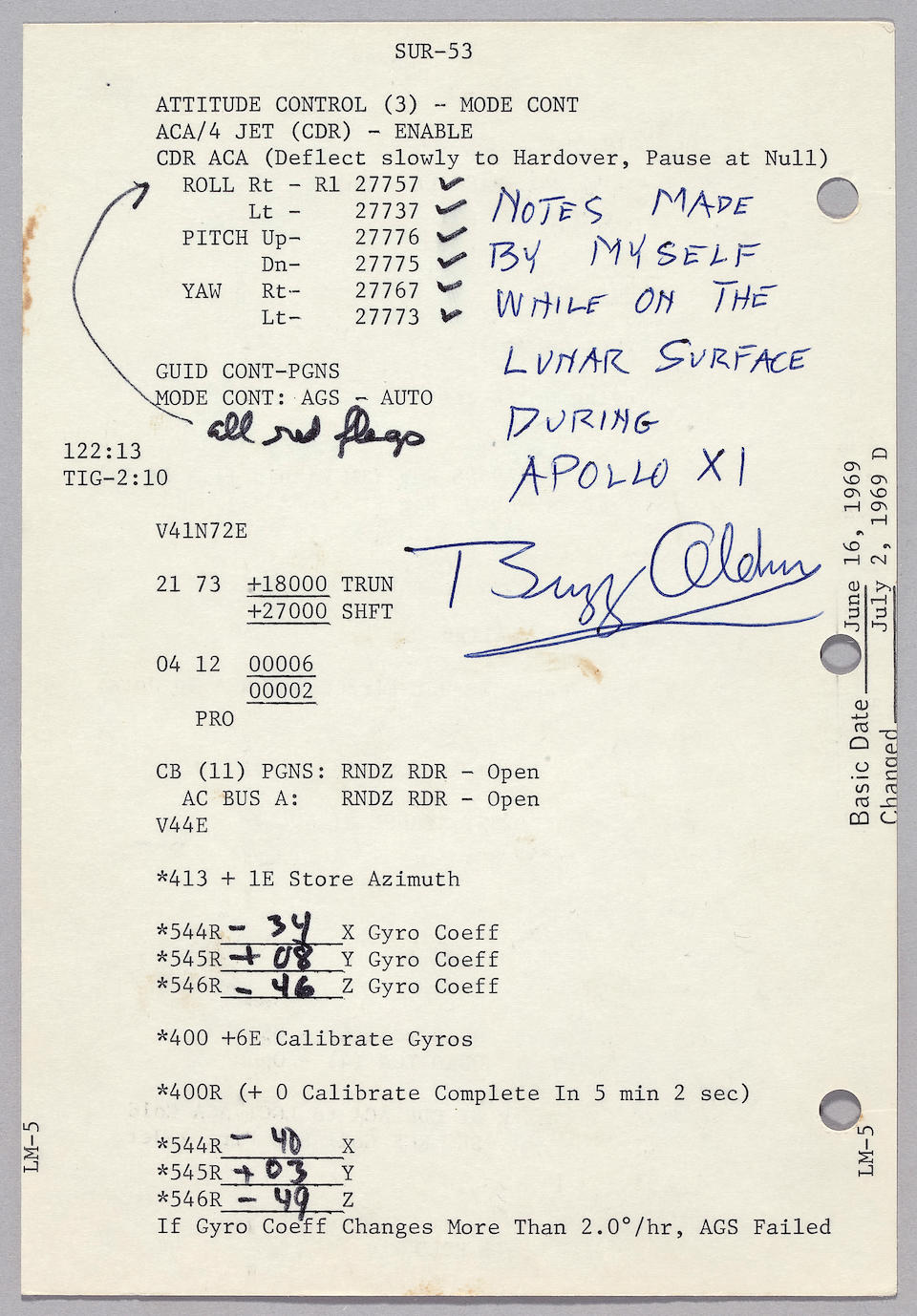 FLOWN APOLLO 11 LUNAR SURFACE CHECKLIST SHEET&#8212;NOTATIONS RECORDED WHILE ON THE MOON.