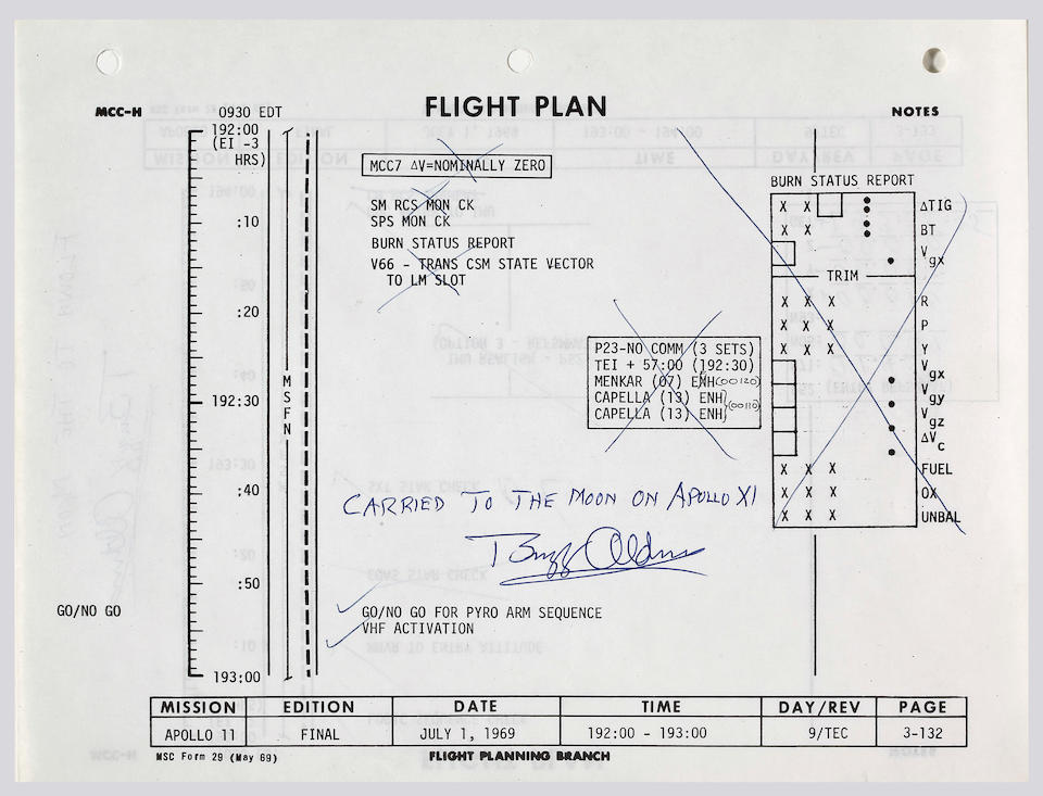 FLOWN APOLLO 11 FLIGHT PLAN SHEET&#8212;THE LAST DETAILED NOTES BY NEIL ARMSTRONG DURING THE MISSION.