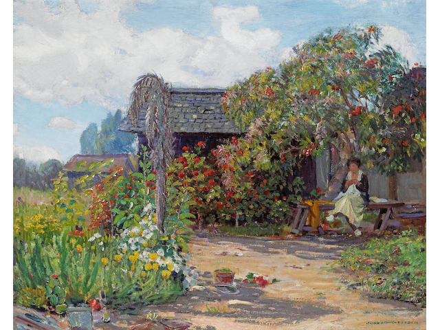 Joseph Kleitsch (1885-1931) Woman in a garden sewing 24 x 30in (overall: 30 x 36in)