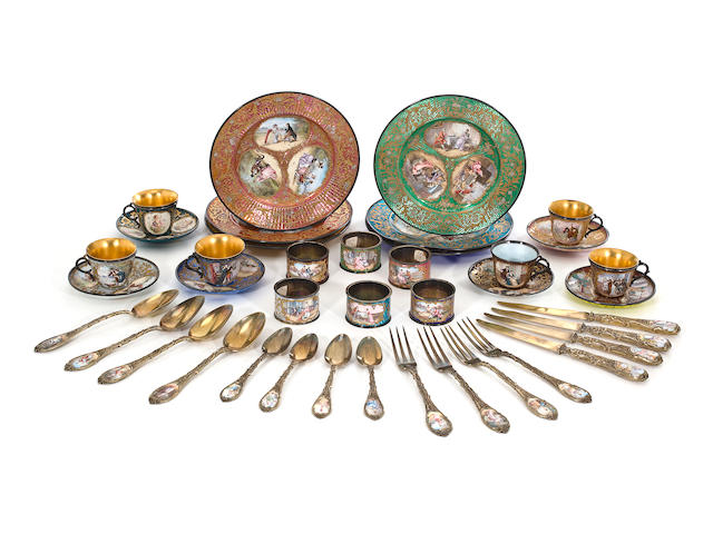 A French enameled and engine-turned silver part dessert service  late 19th century