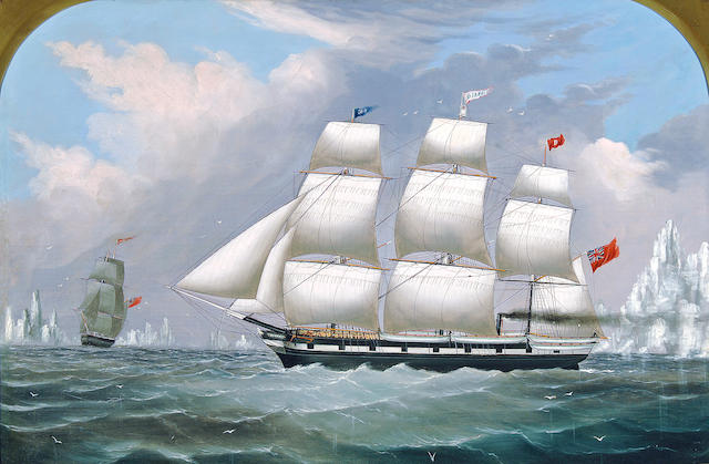 James H. Wheldon (British, born circa 1832-1895) Whaling Ships: Diana and Anne in the Arctic 24 x 36 in. (60.9 x 91.4 cm.)