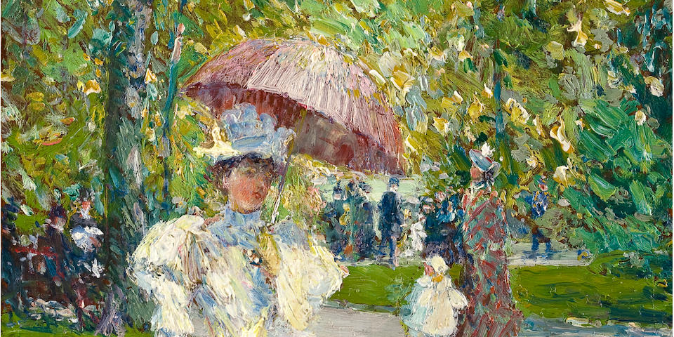 Childe Hassam (American, 1859-1935) Woman with a Parasol in a Park 12 x 8in