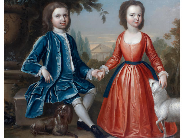 English School A portrait of two children with a pet dog and sheep and a classical building beyond 40 x 50in