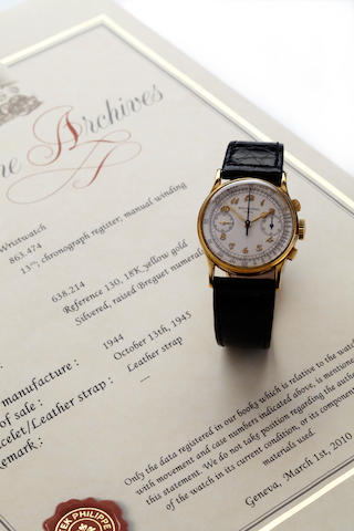 Patek Philippe. A fine 18K gold wrist chronograph with breguet numeralsRef. 130, movement No. 863474, case No. 638214, sold in 1945
