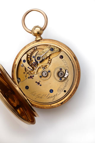 Adolph Lange, Dresden. An early 18K gold hunter cased watch with certificateNo. 5753, sold 1867.