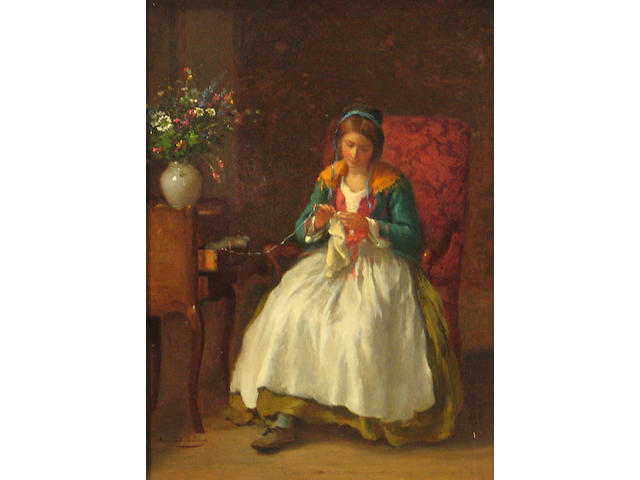 Armand Hubert Simon Leleux (French, 1818-1885) La fille au crochet 12 x 8 1/2in