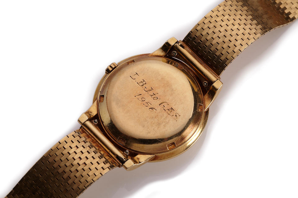 Patek Philippe. A fine and rare 18K gold presentation "Golden Rule" wristwatch and bracelet given by Senator Lyndon B. Johnson to Florida Senator George A. Smathers, 1956Ref. 2552, Movement no. 762499, Case no. 693476, the bracelet signed, Tiffany & Co.