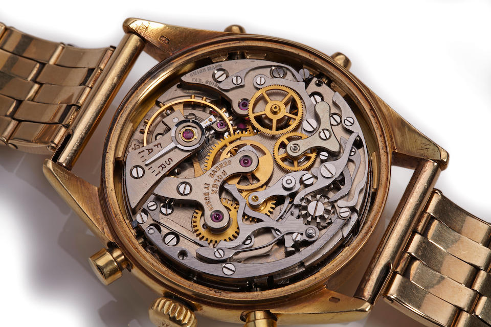 Rolex. A very fine and rare 18K gold wrist chronograph with triple calendarOyster Chronographe, Anti-magnetique, Ref. 6036, case no 917032, circa 1952