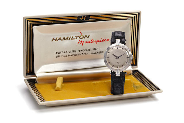 Hamilton. An extremely rare 18K white gold and diamond wristwatch with original display box and packagingMasterpiece "Barbizon", case no. B34667, circa 1957