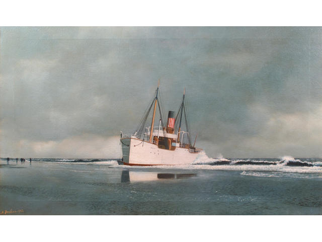 Antonio Nicolo Gasparo  Jacobsen (American, 1850-1921) The Gwent aground at Long Beach 18 x 30 in. (45.7 x 76.2 cm.)