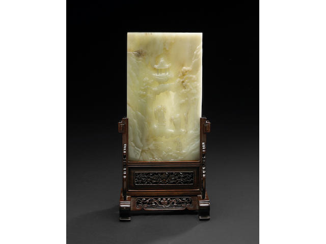 A fine pale greenish white jade plaque Qianlong Period