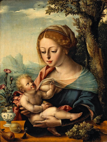 Attributed to Master of the Parrot (Flemish, active 1525-1550) The Madonna nursing the Christ Child 20 x 15in (50.9 x 38.1cm)