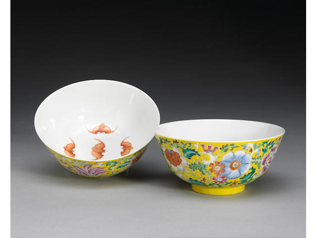 A pair of famille jaune enameled porcelain bowls Guangxu Marks and Period