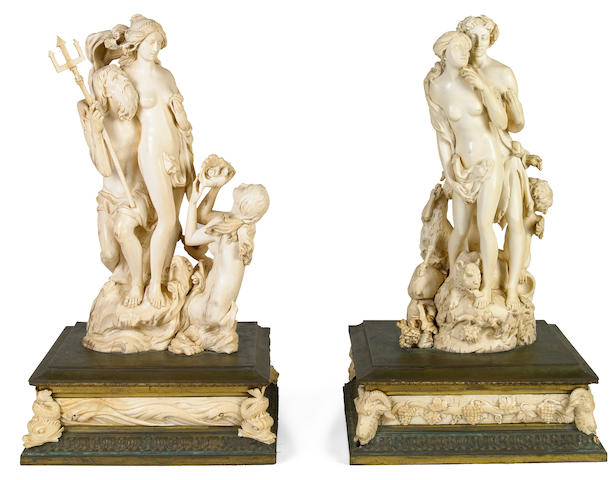 A pair of Continental carved ivory mythological groups  late 19th century