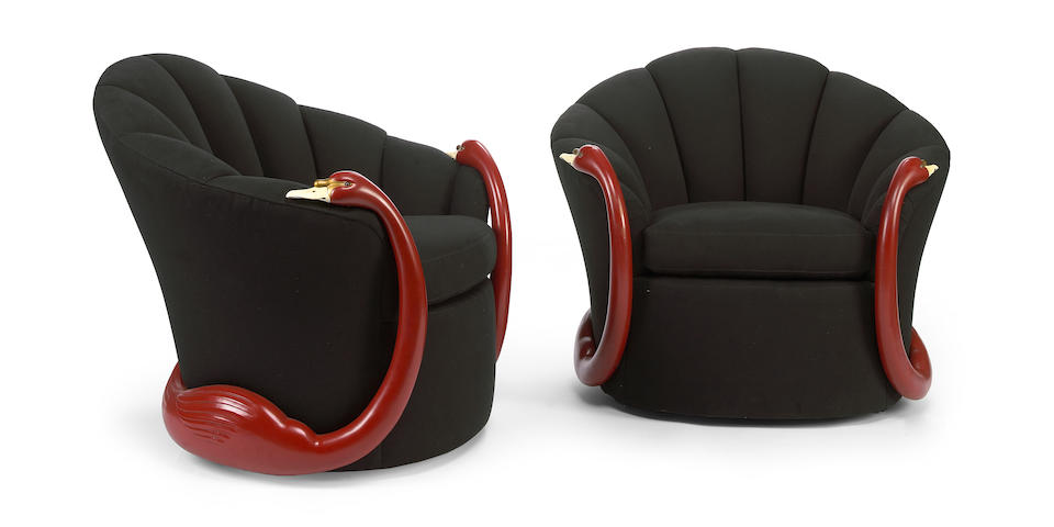 A pair of Vermillion Art Deco Style lacquered wood and upholstered swan club chairs 1980s