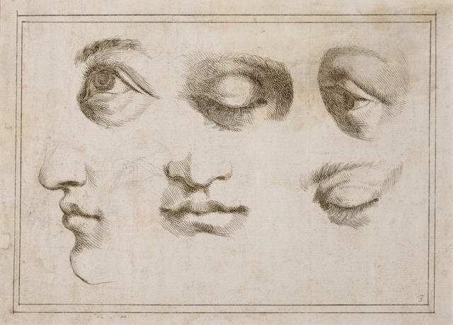 Attributed to Giovanni Francesco Barbieri, called il Guercino (Italian, 1591-1666) Studies of eyes and mouths 7 x 9 1/2in (17.7 x 42.1cm) unframed