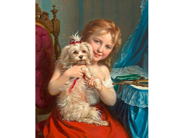 Fritz Zuber-B&#252;hler (Swiss, 1822-1896) A young girl with a bichon fris&#233; 25 3/4 x 21in (65.3 x 53.3cm)