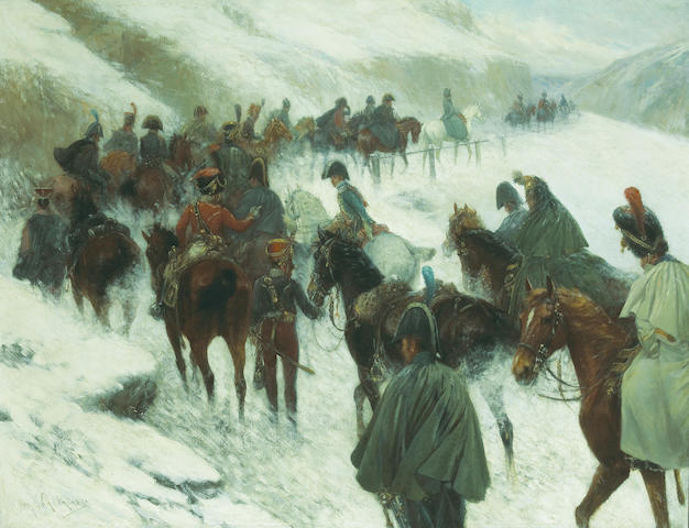 Jan van Chelminski (Polish, 1851-1925) Napoleon leading his troops through the Guadarrama Mountains 30 1/2 x 39 1/2in (77.5 x 100.4cm)