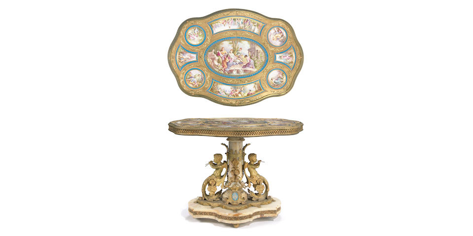 An impressive Napoleon III porcelain and gilt bronze mounted onyx table de milieu  third quarter 19th century