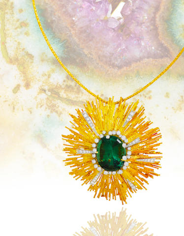 A green tourmaline and diamond pendant necklace, Andrew Grima,