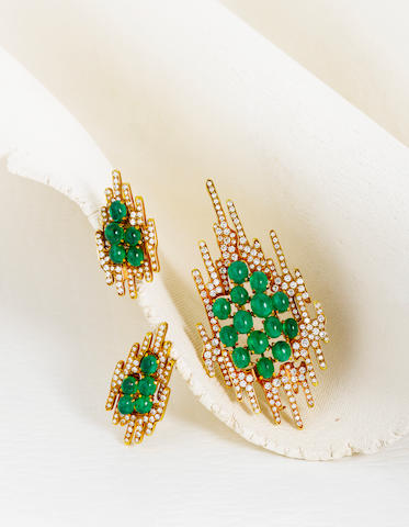 An emerald and diamond brooch and earclips, Tom Scott for Andrew Grima,