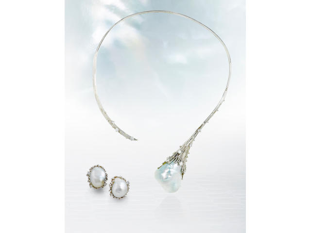 A cultured pearl and diamond necklace and earclips, Andrew Grima,