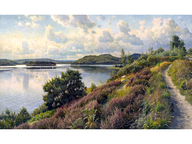 Peder Mork M&#246;nsted (Danish, 1859-1941) A view of Borres&#246; from Himmelbjerget, Denmark 47 1/2 x 78 1/2in (120.7 x 199.4cm)