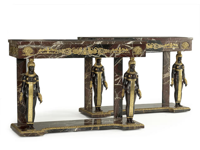 A good pair of Empire style gilt and patinated bronze mounted rouge marble console tables late 19th century