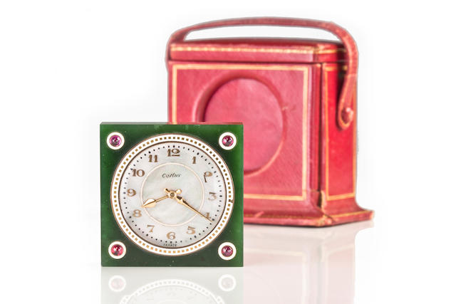 A nephrite jade, ruby and mother-of-pearl desk clock, Cartier,