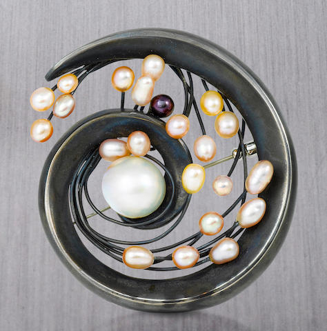 A silver, cultured pearl and mab&#233; cultured pearl brooch, Takashi Wada