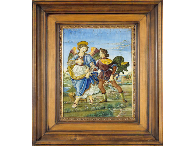 An Italian maiolica and luster plaque: The Archangel Raphael and Tobias  after Sandro Botticelli (Florence, 1445-1510) Ulysses Cantagalli late 19th century