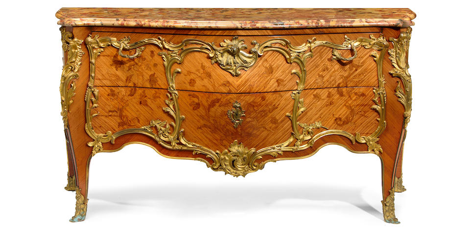A fine Louis XV style gilt bronze mounted and marquetry inlaid walnut commode  Paul Sormani, after a model by Bernard van Risenburgh fourth quarter 19th century