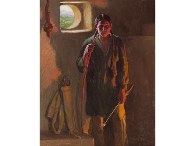 Joseph Henry Sharp (American, 1859-1953) Hunting son, firelight and daylight, Taos 20 1/4 x 16in (overall: 21 x 17in)