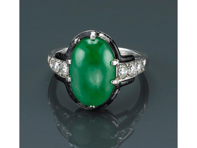 An art deco jadeite jade, diamond and enamel ring, Cartier,